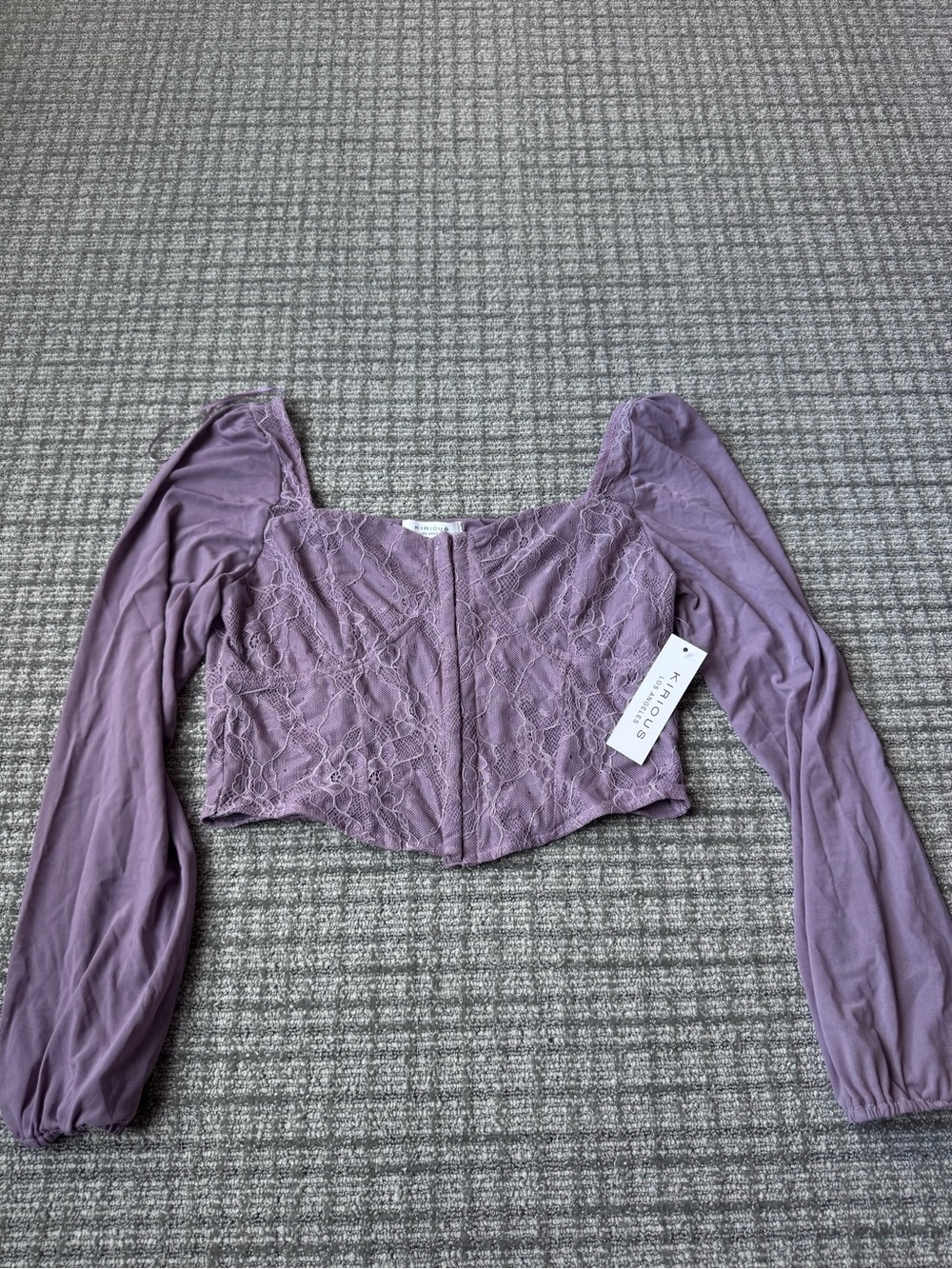 Women's Purple Lace Square-Neck Long Sleeve Crop Top